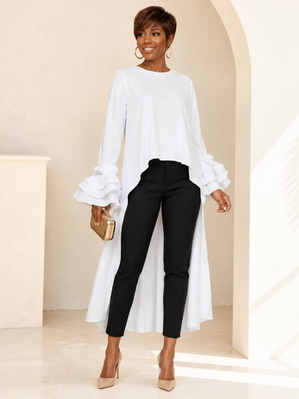 White High-Low Tiered Ruffle Sleeve Statement Blouse S–2XL